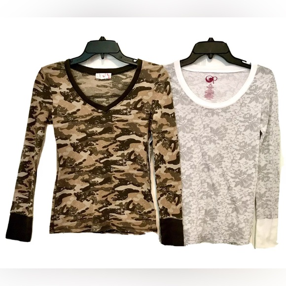 Op Ocean Pacific Womens Jr. 7/9 Lace Floral & Camo Long Sleeve Waffle Knit Tops - Picture 1 of 7